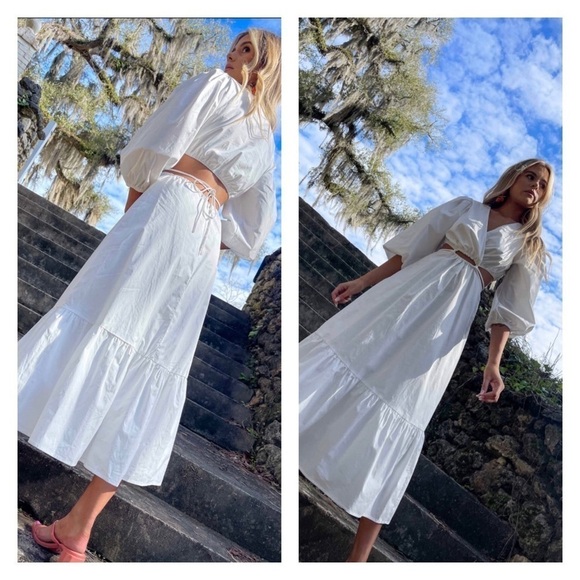 ASTR White Cutout Surplice Midi Dress Puff Sleeve Resort Vacation L NWT - Picture 6 of 14